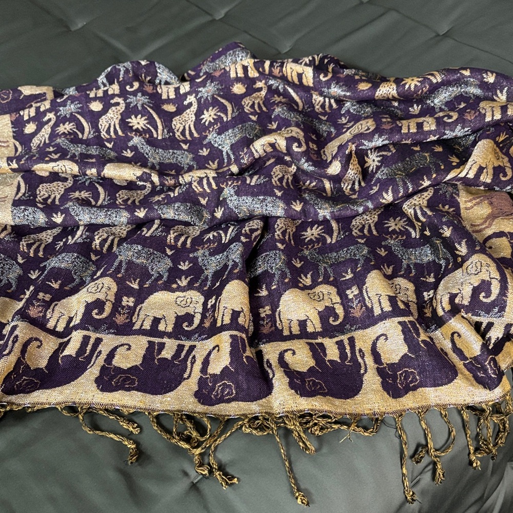 Elephant Patterned Purple and Gold Scarf